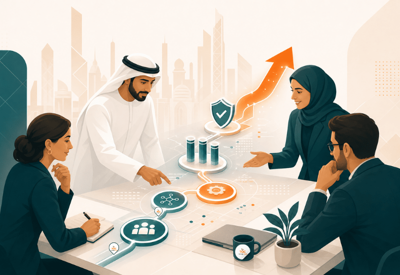Dubai and UAE business team reviewing an AI readiness roadmap with workflow, data and governance icons against the Dubai skyline.