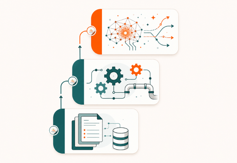 Three-layer diagram showing the progression from data foundations and structured workflows, through automation and integrations, up to agentic AI deployment.